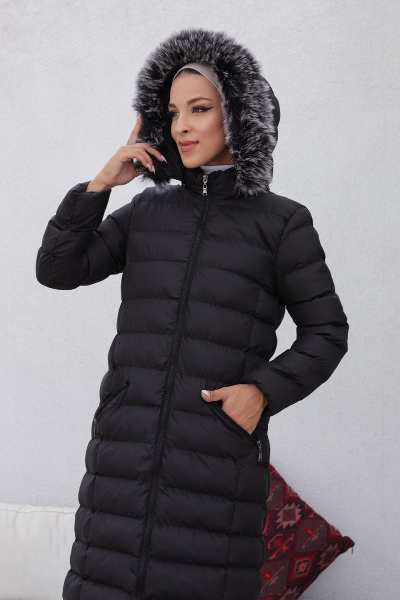 KMK Kombin KMK Combination Kmkkombin Long Filled Black Puffer Jacket Hooded Furry Dense Fiber Large Size  - Image 3