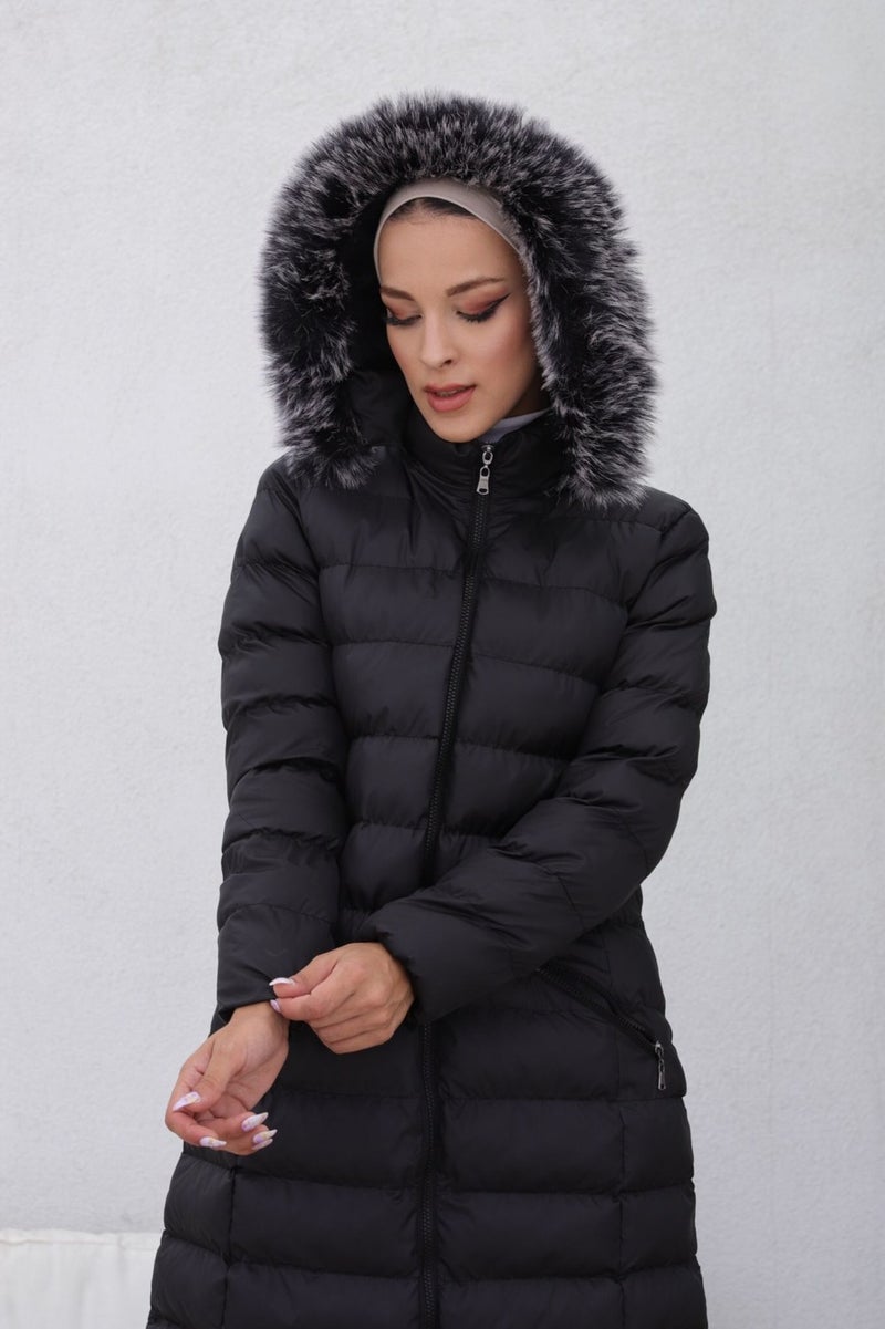 KMK Kombin KMK Combination Kmkkombin Long Filled Black Puffer Jacket Hooded Furry Dense Fiber Large Size  - Image 2