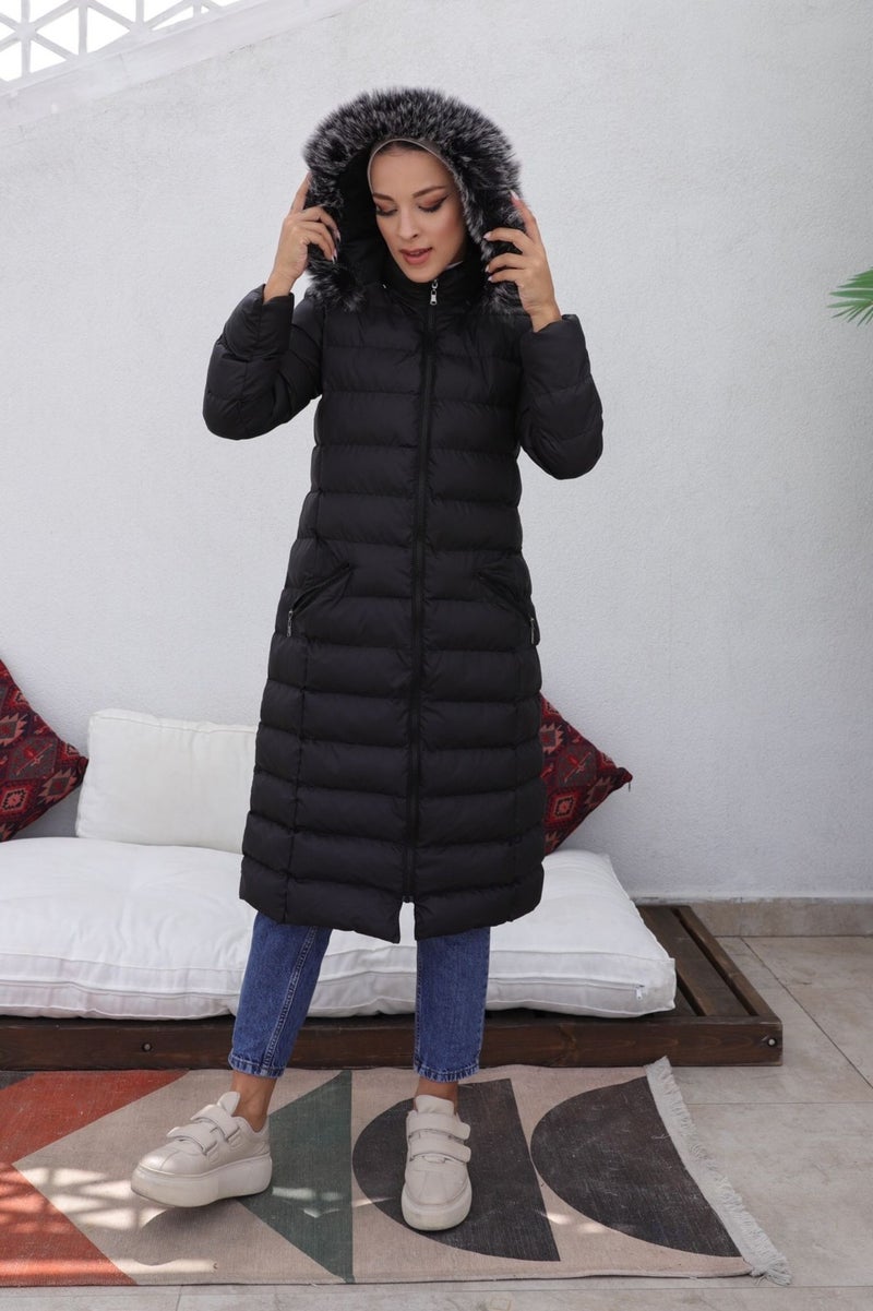KMK Kombin KMK Combination Kmkkombin Long Filled Black Puffer Jacket Hooded Furry Dense Fiber Large Size  - Image 4