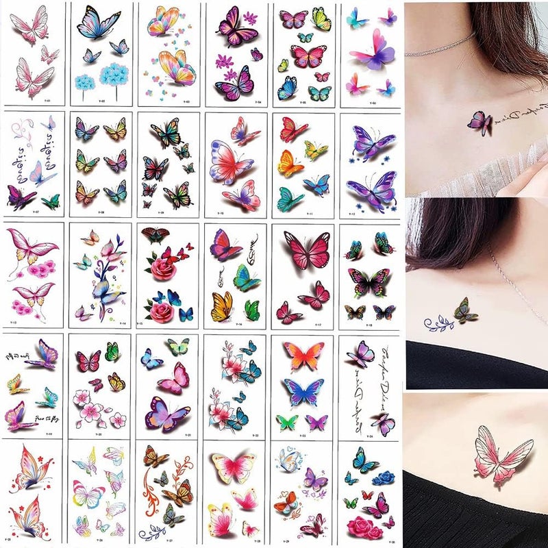 Butterfly Temporary Tattoo Stickers Realistic 3D Butterfly Fake Tattoos For Adults Women Girls Flower Butterfly Body Art Tattoos Sheet Bride Sexy Wedding 30 Sheets