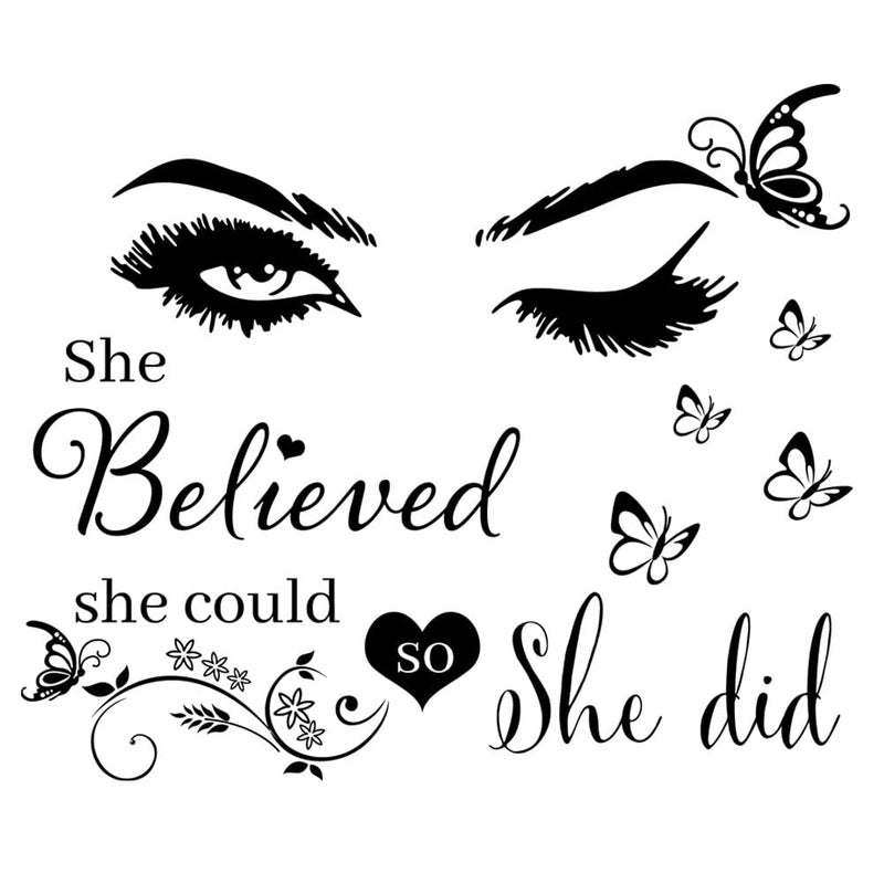 Casa Decor Wall Sticker Saying Vinyl Wall Decals Eyelash Eyes Inspirational Quotes She Believed She Could So She Did Wall Decal Butterfly Wall Stickers for Bedroom Living Room Classroom Office Girl Room Home - Image 1