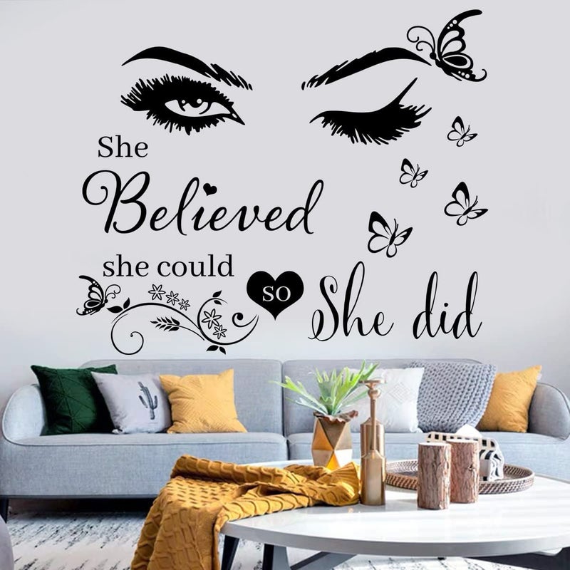 Casa Decor Wall Sticker Saying Vinyl Wall Decals Eyelash Eyes Inspirational Quotes She Believed She Could So She Did Wall Decal Butterfly Wall Stickers for Bedroom Living Room Classroom Office Girl Room Home - Image 5