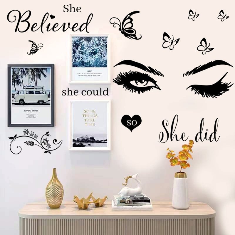Casa Decor Wall Sticker Saying Vinyl Wall Decals Eyelash Eyes Inspirational Quotes She Believed She Could So She Did Wall Decal Butterfly Wall Stickers for Bedroom Living Room Classroom Office Girl Room Home - Image 4