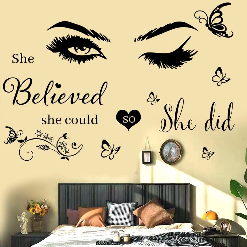 Casa Decor Wall Sticker Saying Vinyl Wall Decals Eyelash Eyes Inspirational Quotes She Believed She Could So She Did Wall Decal Butterfly Wall Stickers for Bedroom Living Room Classroom Office Girl Room Home - Image 2