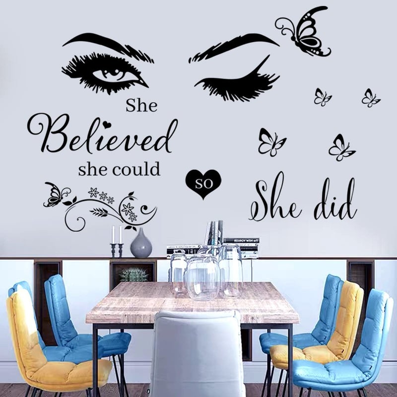 Casa Decor Wall Sticker Saying Vinyl Wall Decals Eyelash Eyes Inspirational Quotes She Believed She Could So She Did Wall Decal Butterfly Wall Stickers for Bedroom Living Room Classroom Office Girl Room Home - Image 3