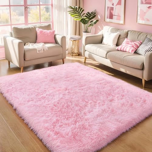 KICHOWUA سجاد وردي ف fluffy 4x6 لغرف نوم الفتيات، سجاد ناعم قابل للغسل، سجاد فuzzy furry لغرف الأطفال، حضانة، ديكور سكني، سجادة فاخرة لطيفة للأطفال الرضع، - Image 1