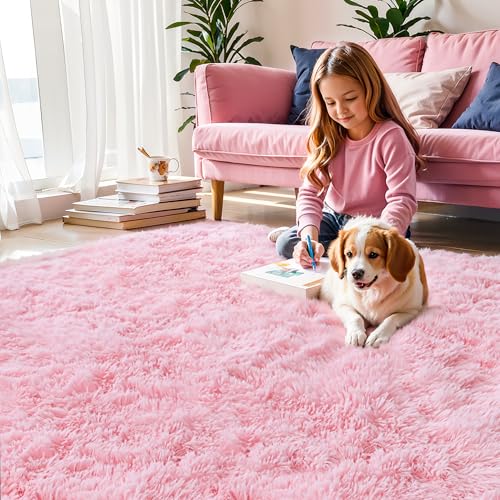 KICHOWUA سجاد وردي ف fluffy 4x6 لغرف نوم الفتيات، سجاد ناعم قابل للغسل، سجاد فuzzy furry لغرف الأطفال، حضانة، ديكور سكني، سجادة فاخرة لطيفة للأطفال الرضع، - Image 2