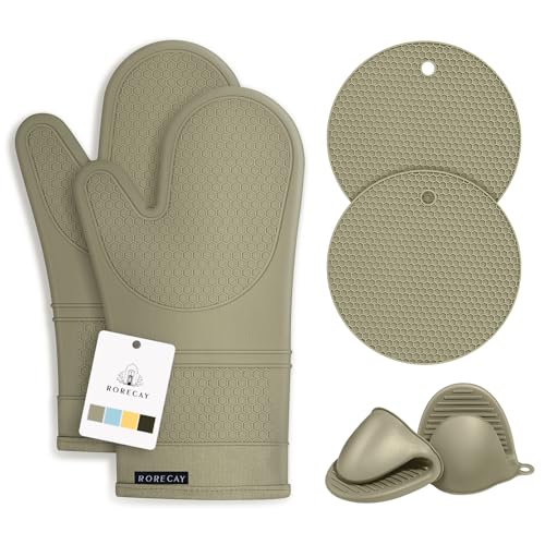 Rorecay 6pcs Oven Mitts and Pot Holders Sets Heat Resistant 500 Degrees Extra Long Silicone Oven Gloves NonSlip Potholders Hot Pads for Kitchen Baking Cooking Quilted Liner Martini Olive - Image 1