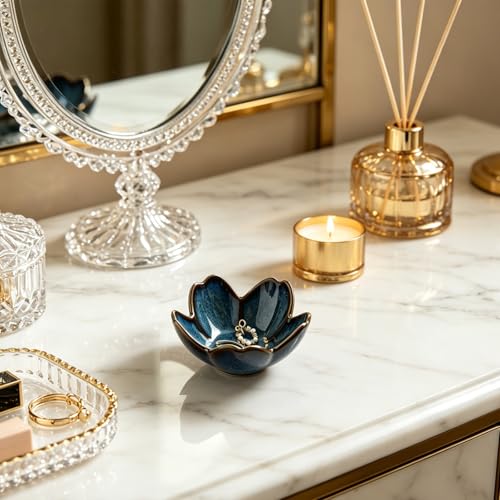 zerokyclan Floral Ceramic Jewelry Tray - 3.5" Elegant Ring Holder Dish & Trinket Bowl for Vanity Dresser Decor, Unique Gifts for Mom, Women, Friends (Blue) - Image 3