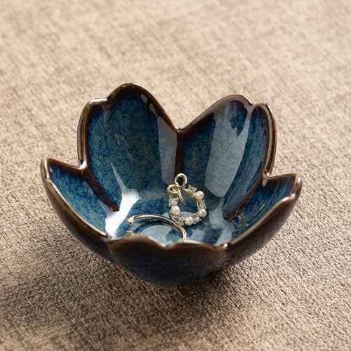 zerokyclan Floral Ceramic Jewelry Tray - 3.5" Elegant Ring Holder Dish & Trinket Bowl for Vanity Dresser Decor, Unique Gifts for Mom, Women, Friends (Blue) - Image 1