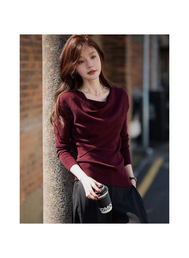 Mt Lazy Prologue Autumn French Vintage Ruched Off-shoulder Slim Wool Blend Knit Sweater For Women - Image 2