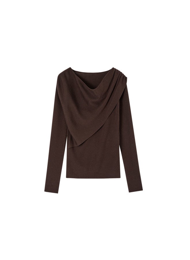 Mt Lazy Prologue Autumn French Vintage Ruched Off-shoulder Slim Wool Blend Knit Sweater For Women - Image 5