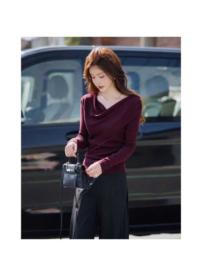 Mt Lazy Prologue Autumn French Vintage Ruched Off-shoulder Slim Wool Blend Knit Sweater For Women - Image 3