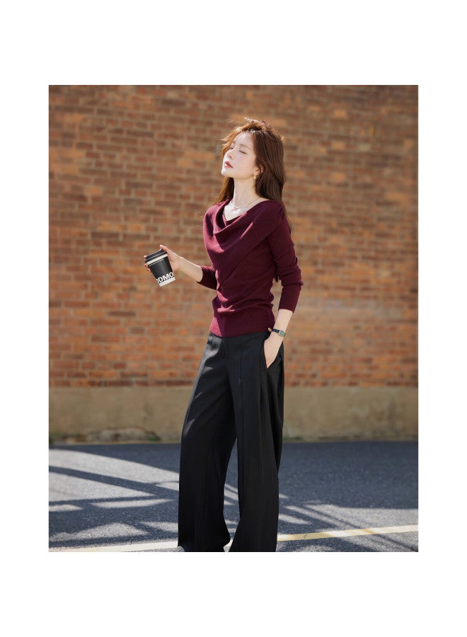 Mt Lazy Prologue Autumn French Vintage Ruched Off-shoulder Slim Wool Blend Knit Sweater For Women - Image 1