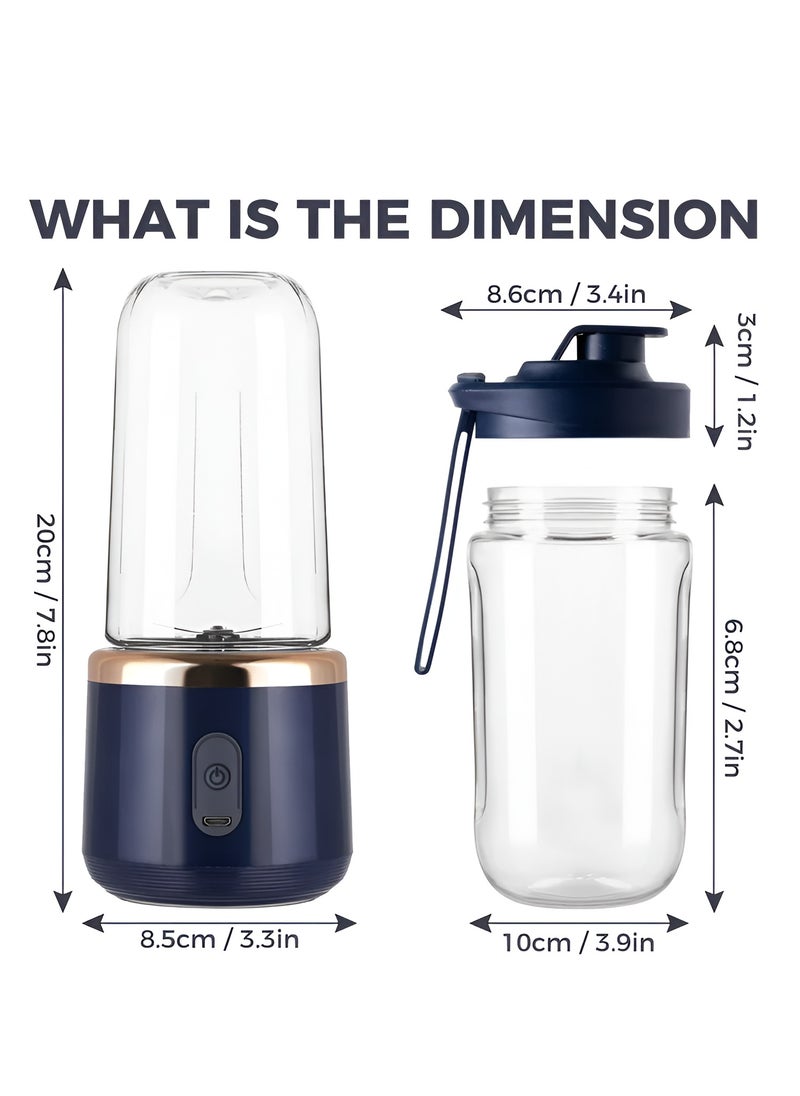Portable Blender, Personal Mini Blender for Shakes and Smoothies, BPA-Free 400ml Portable Blenders with 6 Blades and Type-C Rechargeable