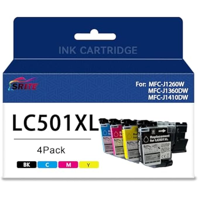 HIGH CAPACITY LC501XL INK CARTRIDGE BLACK,CYAN,YELLOW,MAGENTA REPLACEMENT FOR BROTHER WORK SMART LC501 XL MFC-J1260DW MFC-J1360DW MFC-J1410DW PRINTER(4-PACK, MULTICOLOR) - Image 1