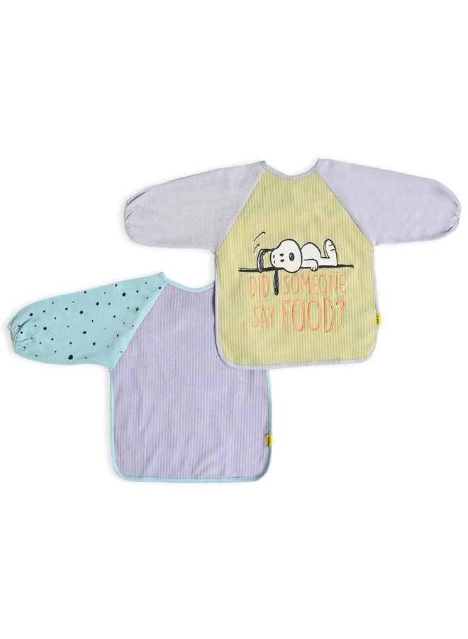 Mi Arcus Cotton Full Sleeve Water Resistant Snoopy Peanuts Coverall Feeding Bibs/Apron with Velcro Closure for Baby Boys Girls 6-18 M(Pk of 2) - Pastel Multi - Image 1