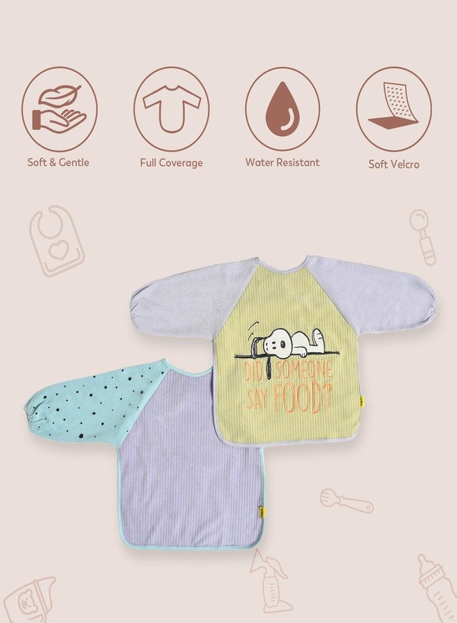 Mi Arcus Cotton Full Sleeve Water Resistant Snoopy Peanuts Coverall Feeding Bibs/Apron with Velcro Closure for Baby Boys Girls 6-18 M(Pk of 2) - Pastel Multi - Image 2