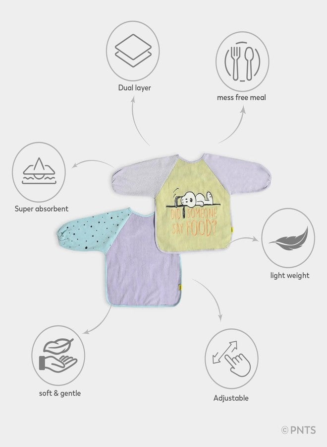 Mi Arcus Cotton Full Sleeve Water Resistant Snoopy Peanuts Coverall Feeding Bibs/Apron with Velcro Closure for Baby Boys Girls 6-18 M(Pk of 2) - Pastel Multi - Image 3