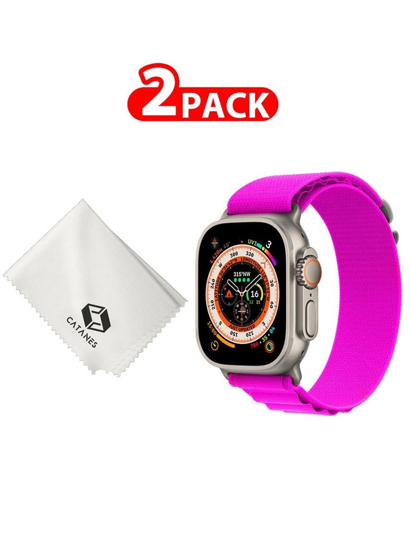 2 Packs Of Apple Watch Band and Microfiber Cloth Alpine Loop Band 49mm 45mm 44mm 42mm Women Men Adjustable with Metal G-Hook Strap for iWatch Ultra Series SE 8/7/6/5/4/3/2/1 Hot Pink