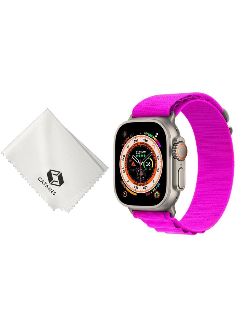 2 Packs Of Apple Watch Band and Microfiber Cloth Alpine Loop Band 49mm 45mm 44mm 42mm Women Men Adjustable with Metal G-Hook Strap for iWatch Ultra Series SE 8/7/6/5/4/3/2/1 Hot Pink