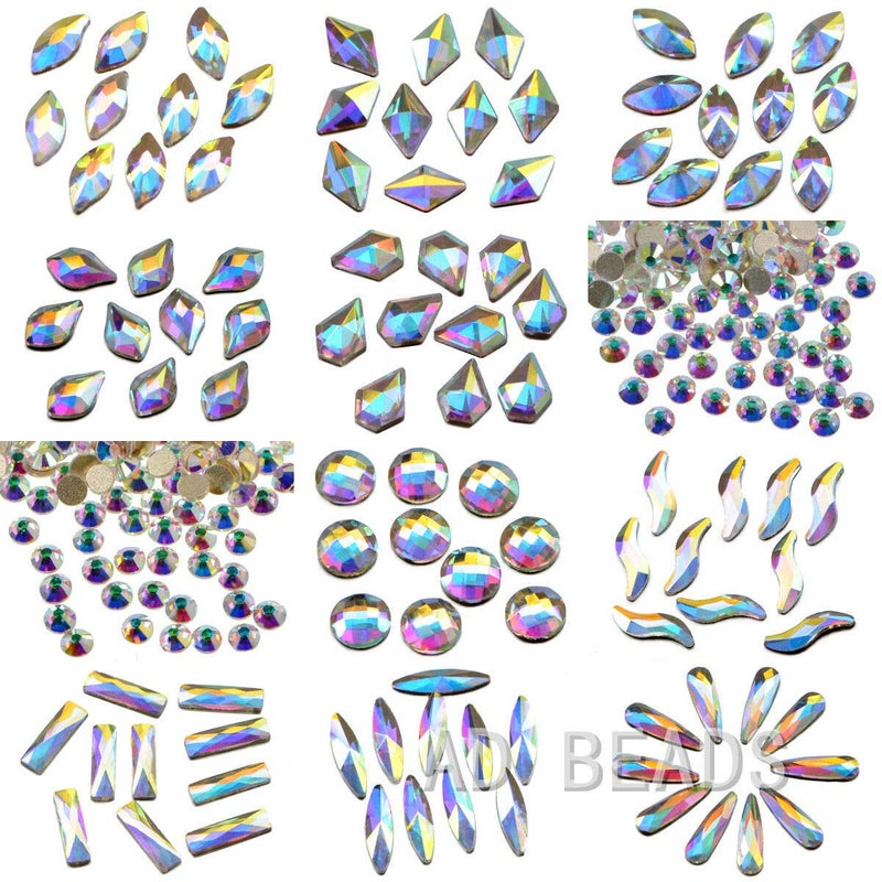 AD Beads 300 Pieces Flat Back Gems 11 Shapes Crystal Rhinestones 12 Sizes Rhinestones for Crafts Nail Face Art Clothes Shoes Bags DIYClear AB