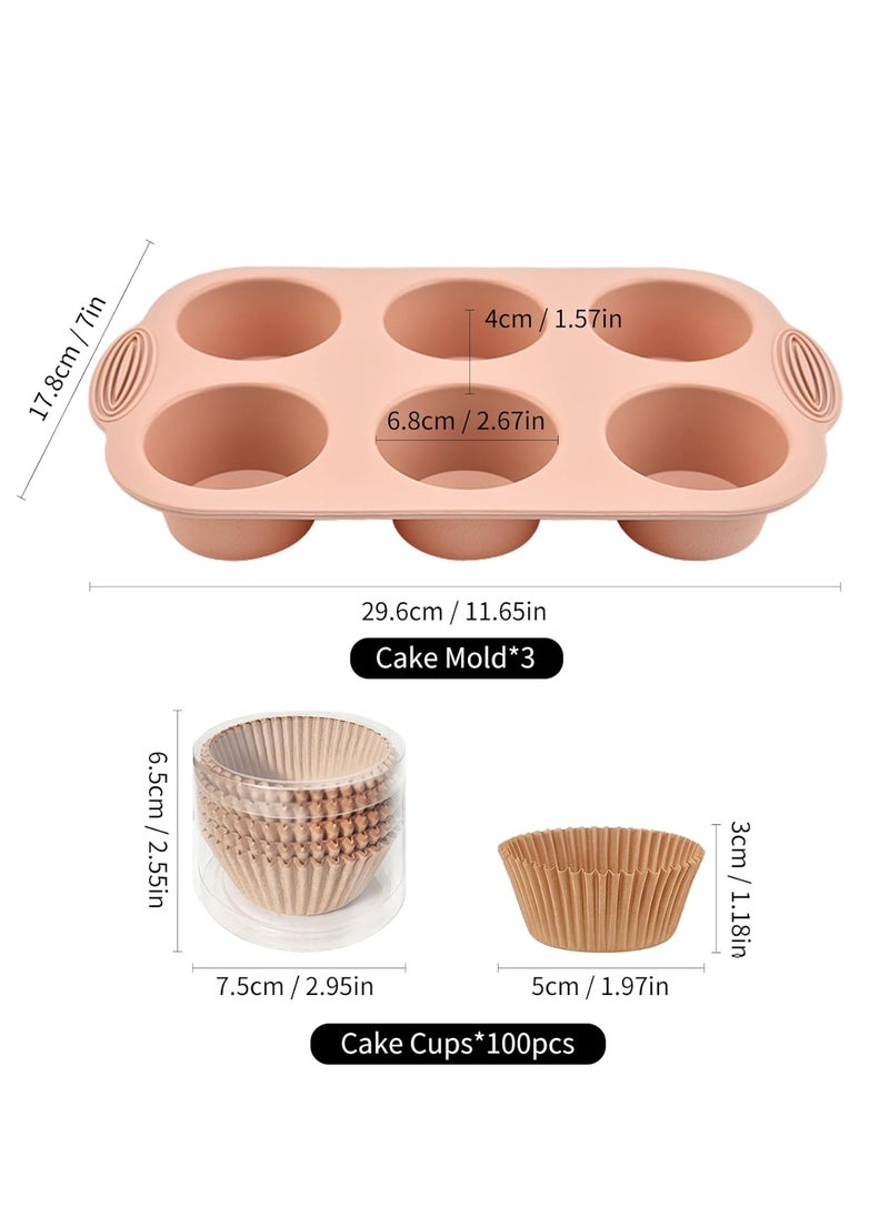 6-Cavity Silicone Muffin Pan – Nonstick, BPA-Free Cupcake Baking Tray – Food-Grade Silicone Molds for Muffins, Brownies, Jellies, Pudding, Sandwich Cookies – Dishwasher & Oven Safe (Gray, Orange, Peacock Blue)