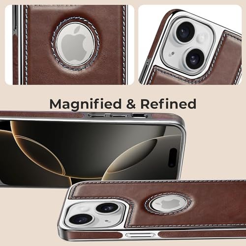 PULOKA Chrome Leather Back Case - Compatible with iPhone 15 - Luxury Bumper Case - Flexible Vegan Leather - Electroplated Sides & Logocut - Full Camera Protetection & Raised Edges - (Brown) - Image 5