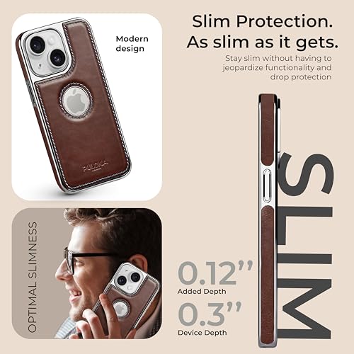 PULOKA Chrome Leather Back Case - Compatible with iPhone 15 - Luxury Bumper Case - Flexible Vegan Leather - Electroplated Sides & Logocut - Full Camera Protetection & Raised Edges - (Brown) - Image 3