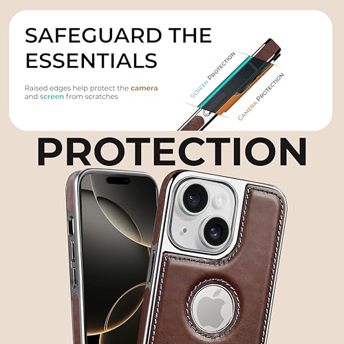 PULOKA Chrome Leather Back Case - Compatible with iPhone 15 - Luxury Bumper Case - Flexible Vegan Leather - Electroplated Sides & Logocut - Full Camera Protetection & Raised Edges - (Brown) - Image 4