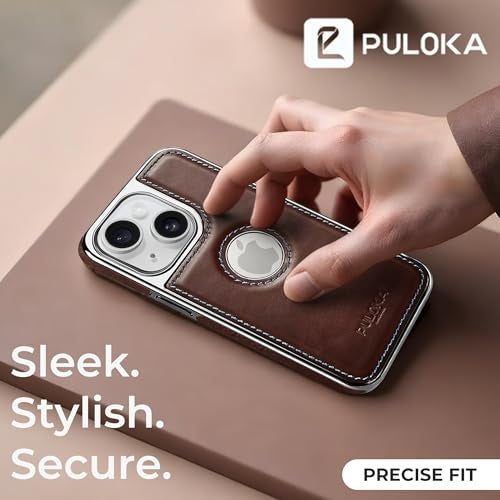 PULOKA Chrome Leather Back Case - Compatible with iPhone 15 - Luxury Bumper Case - Flexible Vegan Leather - Electroplated Sides & Logocut - Full Camera Protetection & Raised Edges - (Brown) - Image 2