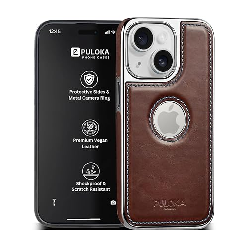 PULOKA Chrome Leather Back Case - Compatible with iPhone 15 - Luxury Bumper Case - Flexible Vegan Leather - Electroplated Sides & Logocut - Full Camera Protetection & Raised Edges - (Brown) - Image 1