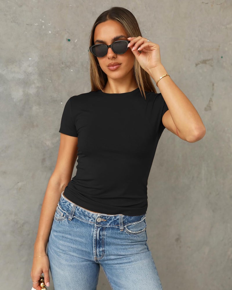 Abardsion Women's Casual Basic Going Out Crop Tops Slim Fit Short Sleeve Crew Neck Tight T Shirts 2026 (Black, XL) - Image 2