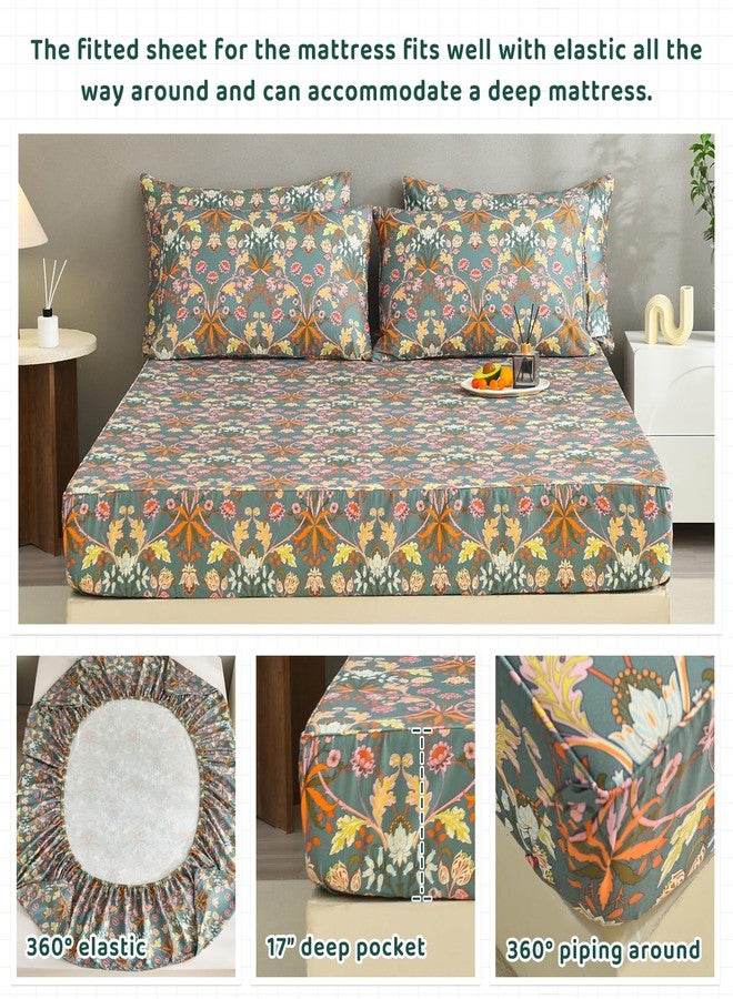 QSH Floral Egyptian Cotton Bed Sheets Queen Size, Aesthetic Botanical Pattern Printed Floral Sheets Sets Queen Extra Soft and Breathable 4pcs Deep Pockets Luxury Bedding Sheets - Image 4