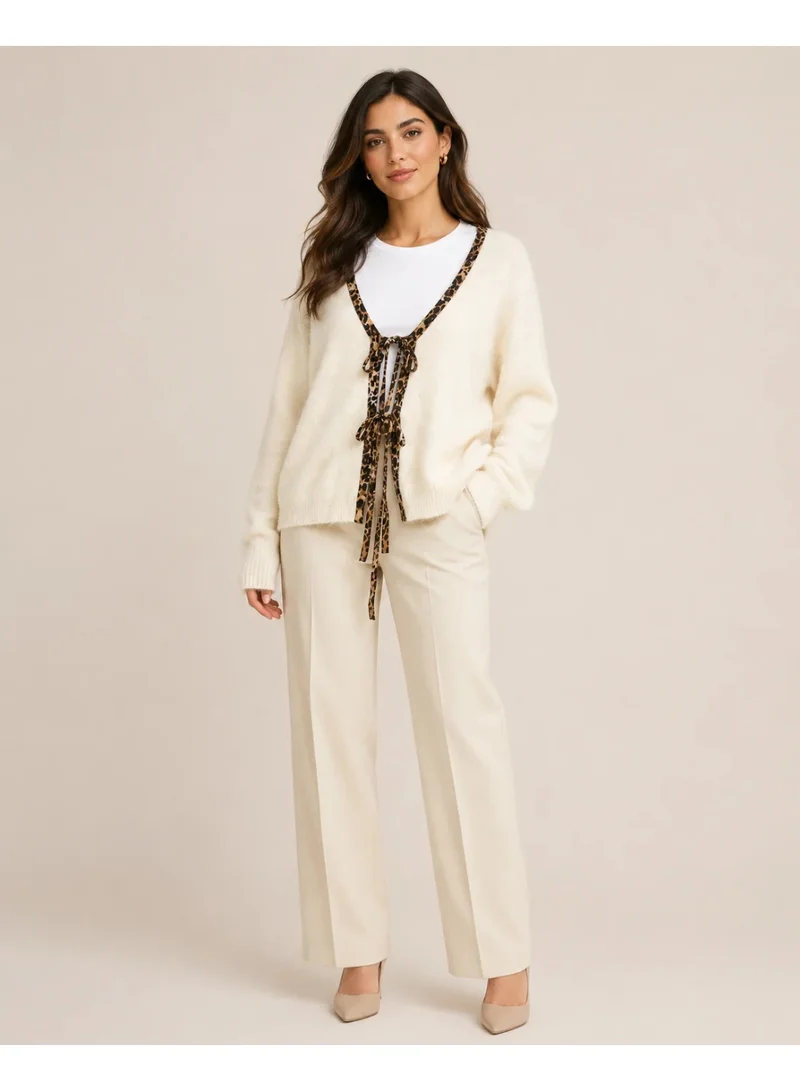2Trendy Women's Knit Open Front Cardigan with Front Tie - Beige