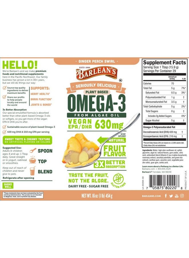 BARLEAN'S Ginger Peach Vegan Omega 3 Supplement Liquid Algae Oil With 630 Mg Epa & Dha Plant Based Omegas From Algal Oil Nongmo & Gluten Free 16 Oz - Image 3
