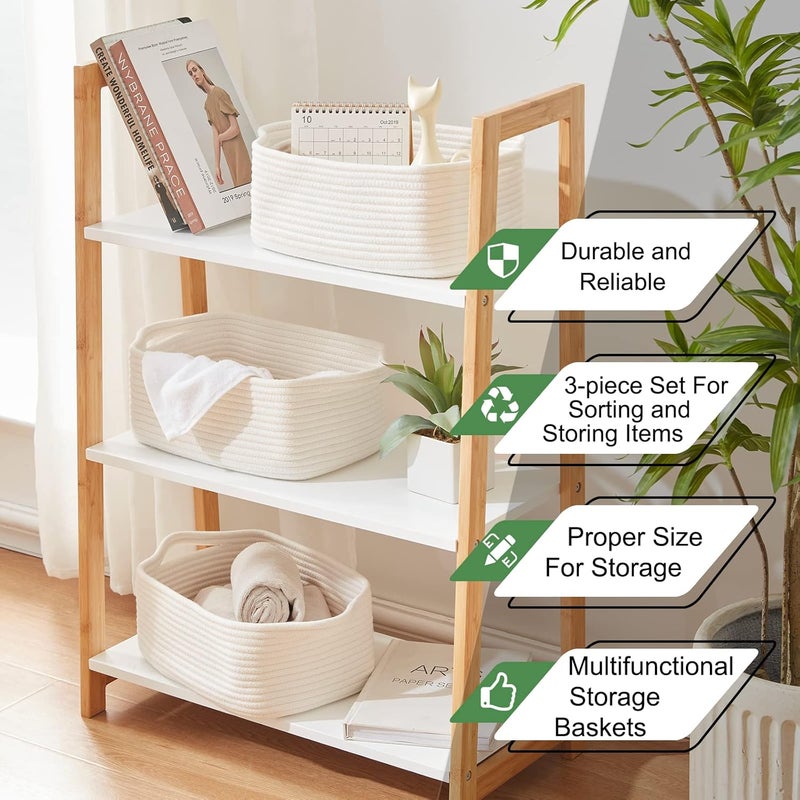OIAHOMY Cotton Rope Baskets, Woven Baskets for Storage, Nursery Storage Baskets, Decorative Storage Bins, Rectangle Storage Basket with Handles, Storage Baskets for Shelves, Pack of 3, Pure and White - Image 5