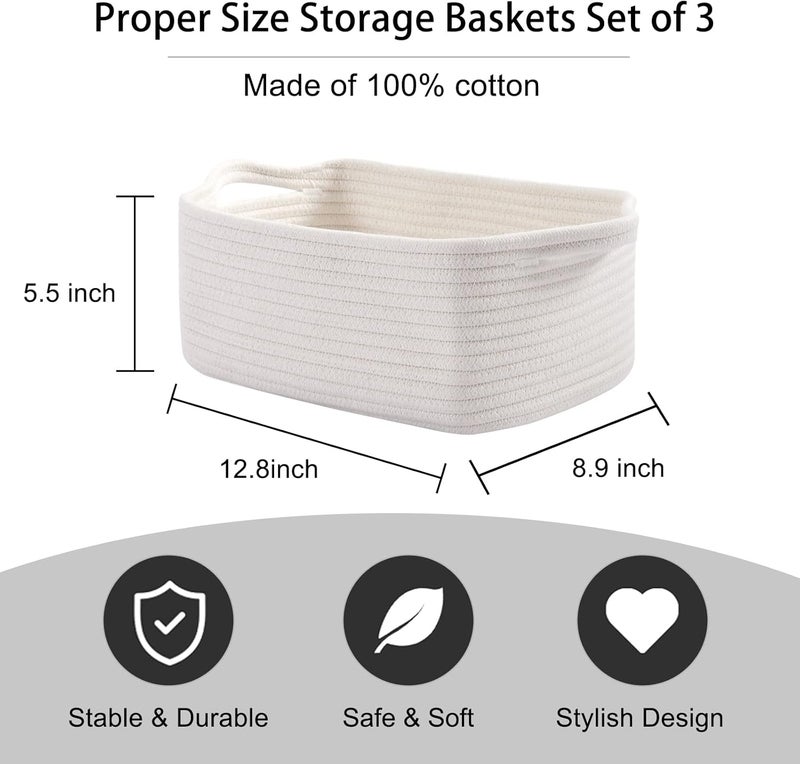 OIAHOMY Cotton Rope Baskets, Woven Baskets for Storage, Nursery Storage Baskets, Decorative Storage Bins, Rectangle Storage Basket with Handles, Storage Baskets for Shelves, Pack of 3, Pure and White - Image 3