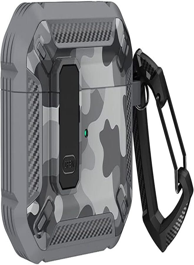 Phone Case for AirPods Pro 2nd Generation 2022, Rugged Protective Thermal Carbon Fiber Hard Case Cover for Apple Airpod Pro 2 with Secure Airpod Holder Keychain Lock for Women Men (Camo Grey)