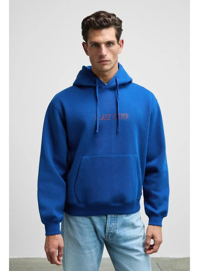 GRIMELANGE BLAISE Men's Front and Back Printed Hooded Corded Kangaroo Pocket Regular Fit Blue Sweatshirt.