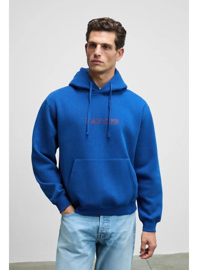 GRIMELANGE BLAISE Men's Front and Back Printed Hooded Corded Kangaroo Pocket Regular Fit Blue Sweatshirt.