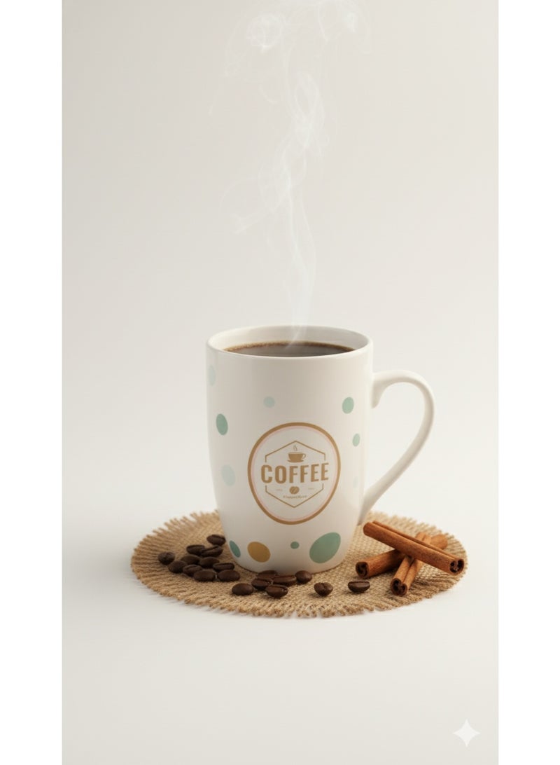 مج قهوة سيراميك بتصميم النقاط الملونة وشعار القهوة، سعة 350 مل. - Image 1