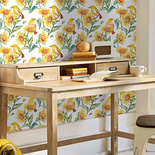 VaryStyle 17.7"x118" Vintage Sunflower Wallpaper Watercolor Bright Yellow/Green Birds Floral Peel and Stick Wallpaper Removable Self Adhesive Floral Contact Paper for Bedroom Kitchen Walls Shelves - Image 2