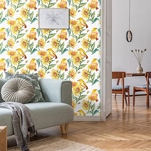 VaryStyle 17.7"x118" Vintage Sunflower Wallpaper Watercolor Bright Yellow/Green Birds Floral Peel and Stick Wallpaper Removable Self Adhesive Floral Contact Paper for Bedroom Kitchen Walls Shelves - Image 5
