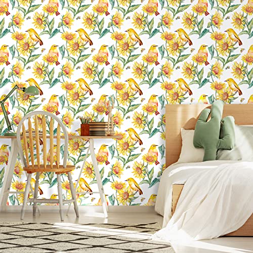 VaryStyle 17.7"x118" Vintage Sunflower Wallpaper Watercolor Bright Yellow/Green Birds Floral Peel and Stick Wallpaper Removable Self Adhesive Floral Contact Paper for Bedroom Kitchen Walls Shelves - Image 3