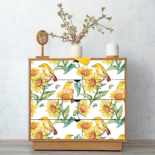 VaryStyle 17.7"x118" Vintage Sunflower Wallpaper Watercolor Bright Yellow/Green Birds Floral Peel and Stick Wallpaper Removable Self Adhesive Floral Contact Paper for Bedroom Kitchen Walls Shelves - Image 4