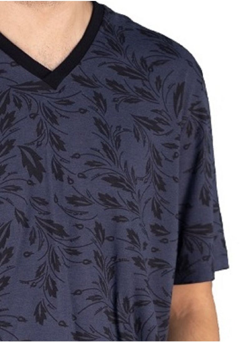 Jet - Men Summer Pajama Set Printed Top And V-Neck &Plain Bottom-Black - Image 1
