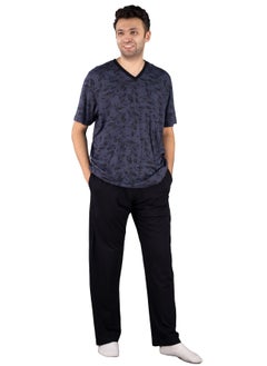 Men Summer Pajama Set Printed Top And V-Neck &Plain Bottom-Black