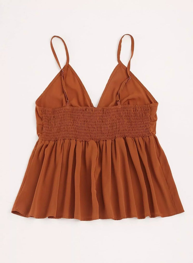 Plus Solid Shirred Knot Peplum Cami Top  - Image 2