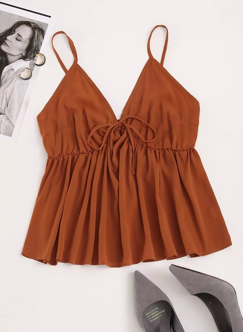 Plus Solid Shirred Knot Peplum Cami Top  - Image 1